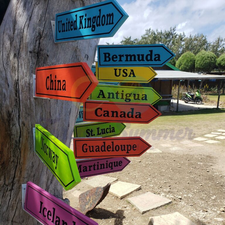 Signs pointing to different countries at the Animal Flower Cave in St. Lucy, Barbados